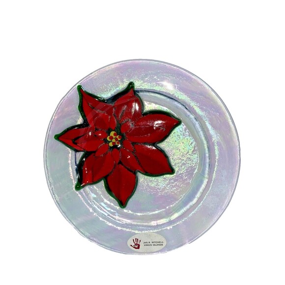 Jan Mitchell Fused Iridescent Clear Glass Plate Red Poinsettia Signed 7.5" New - Picture 1 of 6
